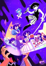  2girls 5boys :d ;d \||/ ^_^ ahoge antenna_hair arm_up artist_name aubrey_(headspace)_(omori) aubrey_(omori) ball bare_arms bare_legs bare_shoulders barefoot basil_(headspace)_(omori) basil_(omori) basket basketball basketball_(object) big_yellow_cat_(omori) black_background black_eyes black_hair black_shorts black_sweater_vest black_tank_top black_thighhighs blue_eyes blue_flower blue_hair blue_overalls blue_pants blue_rose blue_shirt bow bright_pupils brothers brown_skirt camera chromatic_aberration clenched_hand closed_eyes closed_mouth collarbone collared_shirt colored_skin commentary dual_persona empty_eyes english_commentary facing_up facing_viewer flat_chest flipped_hair floating flower flower_wreath from_above full_body green_shirt hair_bow hand_up hands_on_own_head head_wreath hero_(headspace)_(omori) hero_(omori) highres holding holding_ball holding_camera holding_knife holding_stuffed_toy indian_style instagram_logo instagram_username invisible_chair jumping kel_(headspace)_(omori) kel_(omori) knife leaf long_hair long_sleeves looking_at_viewer looking_down looking_to_the_side mari_(headspace)_(omori) mari_(omori) medium_skirt mr._plantegg_(omori) multiple_boys multiple_girls neck_ribbon no_pupils omori one_eye_closed open_mouth outdoors overall_shorts overalls pants picnic_basket picnic_blanket pink_bow pleated_skirt purple_flower purple_hair purple_sky purple_sweater_vest raised_eyebrows raised_inner_eyebrows red_ribbon reverse_grip ribbon rose rown shirt short_hair short_sleeves shorts siblings sideways_glance simple_background sitting sitting_on_stairs skirt sky smile something_(omori) sparkle st4ngray stairs standing standing_on_one_leg straight_hair striped_clothes striped_pants striped_shirt striped_shorts stuffed_eggplant stuffed_toy sunny_(omori) sweater_vest t-shirt tank_top tareme thigh-highs toes tumblr_logo tumblr_username twitter_username twitter_x_logo two-tone_pants two-tone_shirt two-tone_shorts v-shaped_eyebrows vertical-striped_clothes vertical-striped_pants vertical-striped_shirt vertical-striped_shorts very_long_hair very_short_hair violet_eyes white_pants white_pupils white_shirt white_shorts white_skin 