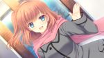  1girl blue_eyes bluette_nicolette_planquette blush coat dutch_angle eyebrows eyebrows_visible_through_hair floating_hair game_cg happy highres long_sleeves looking_at_viewer nishimata_aoi open_mouth orange_hair otome_riron_to_sonogo_no_shuuhen:_belle_&eacute;poque outdoors scarf short_hair side_ponytail smile solo standing suzuhira_hiro waving wind 