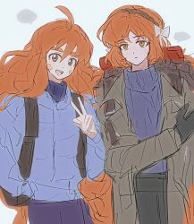  2girls ahoge black_gloves blue_jacket blue_sweater celeste_(game) coat commentary cowboy_shot gloves green_coat highres ishmael_(identity_archive)_(project_moon) ishmael_(project_moon) jacket limbus_company long_hair madeline_(celeste) multiple_girls open_mouth orange_hair project_moon simple_background smile strawbutann sweater turtleneck turtleneck_sweater untranslatable_commentary very_long_hair white_background 