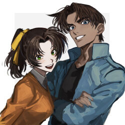  1boy 1girl absurdres black_shirt blue_eyes blue_jacket blush brown_hair commentary_request green_eyes grin hair_ribbon hattori_heiji highres jacket long_sleeves looking_at_viewer meitantei_conan open_mouth orange_sweater ponytail ribbon shirt short_hair simple_background smile sweater tan tkc_(tkoshinchan) tooyama_kazuha upper_body yellow_ribbon 