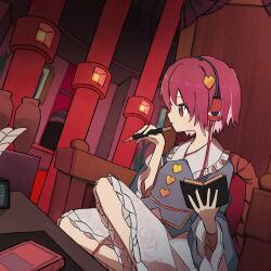  1girl absurdres blue_shirt book closed_mouth commentary_request headphones highres komeiji_satori long_sleeves neruzou pen purple_hair red_eyes shirt short_hair sitting skirt solo third_eye touhou very_short_hair white_skirt 