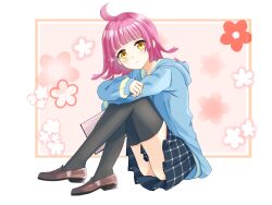  1girl absurdres ahoge black_skirt black_thighhighs blue_jacket blunt_bangs brown_shoes commentary_request from_side highres jacket k1kojima loafers long_sleeves looking_at_viewer love_live! love_live!_nijigasaki_high_school_idol_club pink_hair plaid_clothes plaid_skirt pleated_skirt shoes short_hair sitting skirt solo tennoji_rina thigh-highs yellow_eyes 