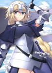  1girl armor armored_dress blonde_hair blue_eyes braid breasts capelet closed_mouth clouds cloudy_sky cowboy_shot day fate/apocrypha fate/grand_order fate_(series) flag gauntlets headpiece highres long_hair looking_at_viewer medium_breasts panties pantyshot pantyshot_(standing) ruler_(fate/apocrypha) scabbard sheath shunichi single_braid sky smile solo standing sword underwear very_long_hair weapon white_panties 
