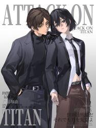  1boy 1girl belt belt_buckle black_belt black_gloves black_hair black_jacket black_necktie black_pants black_shirt breasts brown_hair brown_pants buckle chain_belt closed_mouth collared_shirt copyright_name couple cover cow eren_yeager gloves gradient_background green_eyes grey_background grey_eyes hair_between_eyes hand_in_pocket hand_on_another's_shoulder hashtag-only_commentary hetero highres jacket jewelry magazine_cover medium_breasts midriff_peek mikasa_ackerman multiple_rings necktie pants parted_bangs parted_lips ring scar scar_on_cheek scar_on_face shingeki_no_kyojin ship_name shirt short_hair suit_jacket survey_corps_(emblem) turtleneck white_shirt yun_(dl2n5c7kbh8ihcx) 