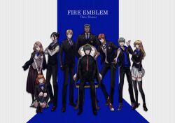  3girls 6+boys alternate_costume annette_fantine_dominic aqua_eyes arm_up ashe_ubert banana69281 black_gloves black_hair black_jacket black_shirt black_shoes black_thighhighs black_vest blonde_hair blue_bow blue_eyes blue_hoodie blue_necktie bow breasts brown_hair chair chinese_commentary collarbone collared_shirt commentary_request contrapposto copyright_name crossed_arms dark-skinned_male dark_skin dedue_molinaro dimitri_alexandre_blaiddyd english_text felix_hugo_fraldarius fire_emblem fire_emblem:_three_houses gloves gold_trim green_hair grey_hair hair_bun hair_over_one_eye hair_over_shoulder hair_rings hand_in_pocket highres hood hoodie ingrid_brandl_galatea jacket jacket_on_shoulders kneehighs large_breasts layered_sleeves long_hair long_sleeves male_byleth_(fire_emblem) mercedes_von_martritz multiple_boys multiple_girls necktie one_eye_covered open_clothes open_collar open_jacket orange_hair parted_hair pleated_skirt red_hair red_necktie school_uniform shirt shoes single_hair_bun sitting skirt socks standing suit_jacket sylvain_jose_gautier thigh-highs vest white_hair zettai_ryouiki 
