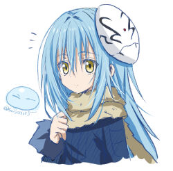  1other akatsuki_(ggsy7885) artist_name blue_coat blue_hair border brown_scarf closed_mouth coat commentary_request cropped_torso fur-trimmed_sleeves fur_scarf fur_trim hand_up light_frown long_hair long_sleeves mask mask_on_head notice_lines portrait rimuru_tempest rimuru_tempest_(slime) scarf signature simple_background slime_(creature) tensei_shitara_slime_datta_ken twitter_username white_background white_border yellow_eyes 