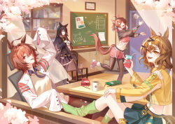  4girls absurdres agnes_tachyon_(tach-nology)_(umamusume) agnes_tachyon_(umamusume) ahoge animal_ears black_coat black_gloves black_hair black_leggings black_necktie black_pantyhose black_shirt black_shrug black_skirt blush book bookshelf braid breasts brown_eyes brown_hair chalkboard checkered_ribbon chemical_structure cloz_(kindness9710) coat coffee coffee_mug collared_shirt commentary_request cup dantsu_flame_(center_spotlight)_(umamusume) dantsu_flame_(umamusume) drink_carton ear_covers ear_ornament ear_ribbon ear_tag earrings food food_in_mouth gloves green_socks hair_between_eyes hair_ornament hairclip half_up_braid half_up_half_down_braid highres holding holding_cup holding_juice_box holding_test_tube horse_ears horse_girl horse_tail jacket jam_(umamusume) jewelry juice_box jungle_pocket_(champion's_battle_cry)_(umamusume) jungle_pocket_(umamusume) lab_coat large_breasts leggings leggings_under_shorts long_bangs long_hair long_hair_between_eyes long_sleeves manhattan_cafe_(creeping_shadow)_(umamusume) manhattan_cafe_(umamusume) medium_breasts medium_hair midriff mug multicolored_hair multiple_girls navel necktie open_clothes open_mouth pantyhose pink_shorts pocky pocky_in_mouth red_eyes shirt short_necktie shorts shrug_(clothing) single_earring single_loose_sock skirt sleeves_past_fingers sleeves_past_wrists small_breasts smile socks sweater sweater_vest tail teeth test_tube tied_shirt umamusume umamusume:_beginning_of_a_new_era upper_teeth_only white_coat white_hair yellow_eyes yellow_jacket yellow_necktie yellow_sweater yellow_sweater_vest 
