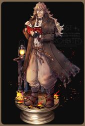  1boy absurdres beard black_background black_gloves book border brown_border brown_coat brown_hair chain coat commentary_request embers facial_hair fingerless_gloves full_body glasses gloves grey_pants highres holding holding_book lantern long_hair male_focus mature_male mustache octopath_traveler octopath_traveler_ii octopuff_traveler_(octopath_traveler) open_book osvald_v._vanstein pants reading round_eyewear solo togekawaaaaaa watermark wavy_hair 