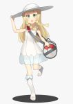  10s 1girl akmzk bag bangs blonde_hair blush braid breasts dress female full_body green_eyes grey_background hand_up hat kneehighs lillie_(pokemon) long_hair looking_at_viewer nintendo open_mouth pokemon pokemon_(game) pokemon_sm see-through shadow shoes simple_background sleeveless sleeveless_dress small_breasts socks solo standing standing_on_one_leg twin_braids white_dress white_hat white_shoes wind 