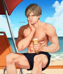 1boy abs applying_sunscreen beach black_male_swimwear blonde_hair blue_eyes chair che_sue00 closed_mouth clouds collarbone corrupted_twitter_file feet_out_of_frame highres holding holding_sunscreen leon_s._kennedy lounge_chair male_focus male_swimwear nipples ocean on_chair one_eye_closed outdoors parted_hair pectorals resident_evil sitting solo topless_male twitter_username veins veiny_arms water 