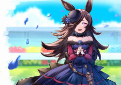  1girl animal_ears bare_shoulders blue_dress blue_flower blue_hat blue_rose blue_sky blush breasts brown_hair commentary_request dagger dragonwilbert dress flipped_hair flower fur_choker hair_over_one_eye hat hat_flower highres horse_ears horse_girl interlocked_fingers knife long_hair long_sleeves looking_at_viewer off-shoulder_dress off_shoulder open_mouth outdoors own_hands_clasped own_hands_together petals rice_shower_(rosy_dreams)_(umamusume) rice_shower_(umamusume) rose sheath sheathed sky small_breasts smile solo tilted_headwear umamusume violet_eyes weapon 