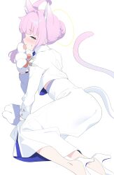  1girl absurdres ahoge animal_ears animal_hands blue_archive blush braid braided_bun cat_ears cat_girl cat_paws cat_tail collared_jacket extra_ears gloves green_eyes hair_bun half-closed_eye halo hand_up hashtag-only_commentary high-waist_skirt high_heels highres horizontal_pupils jacket kaya_(blue_archive) long_skirt long_sleeves looking_at_viewer looking_back pink_hair ramuri shoes short_hair_with_long_locks sidelocks simple_background single_hair_bun skirt small_sweatdrop solo tail white_background white_gloves white_jacket white_shoes white_skirt yellow_halo 