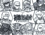  4girls 6+boys armor bandage_over_one_eye bodysuit breastplate closed_eyes double_v evil_eyes full_armor hand_on_hip happy headdress helmet lineart looking_at_viewer mask military military_uniform monochrome multiple_boys multiple_girls mutantnight open_mouth short_hair terraria text thumbs_up tooth_necklace uniform v waving 