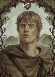  1boy a_knight_of_the_seven_kingdoms a_song_of_ice_and_fire absurdres blonde_hair blue_eyes border cloak closed_mouth commentary duncan_the_tall english_commentary grey_cloak highres male_focus octowillow ornate_border portrait short_hair solo 