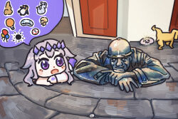  1girl 1other aircraft balloon bing_huyue bird black_hole chibi commentary dog door emperor_penguin english_commentary gem gem_hair_ornament hair_flaps hand_jewel helmet highres hololive hololive_english hot_air_balloon koseki_bijou long_hair lying merlion multiple_others on_stomach open_mouth pebble_(koseki_bijou) peeing penguin poker_chip purple_gem purple_hair purple_shoes real_world_location road shoes slovakia speech_bubble statue stone_walkway street tiara very_long_hair violet_eyes virtual_youtuber 