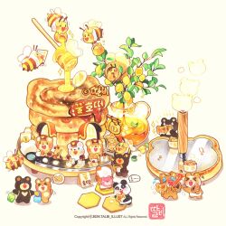  >_< +_+ animal backpack bag basket bear bee blush breath_weapon breathing_fire brown_hat bug cellphone chibi chibi_only commentary_request cooking copyright_notice fire flying food fruit hat heart heart-shaped_mouth holding holding_bag holding_basket holding_paper holding_phone honey hotteok_(food) korean_commentary lemon no_humans original oversized_food oversized_object paper phone pouring sign simple_background smartphone smoke sparkle spicy spoken_food sweatdrop talbi tearing_up tree watermark white_background 