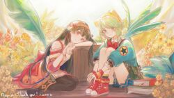  2girls absurdres artist_name atelier_(series) atelier_shallie black_pantyhose blue_sweater book book_stack bow brown_hair center-flap_bangs closed_mouth commentary commission green_hair hairband hat highres leaf long_hair looking_at_viewer multiple_girls neema_(oneemasan) pantyhose plant pouch red_bow red_shoes shallistera_(atelier) shallotte_elminus shoes sitting skirt smile sweater thank_you yellow_hat 