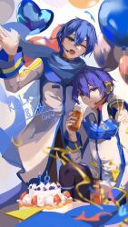  2boys ;d anew_lizij arm_around_shoulder balloon birthday birthday_cake black_pants blue_eyes blue_hair blue_nails blue_scarf bottle brown_pantyhose cake character_name closed_mouth coat commentary_request confetti cup dated drink dual_persona english_commentary food hand_up happy_birthday headset heart_balloon highres holding holding_balloon holding_cup holding_drink kaito_(vocaloid) kaito_(vocaloid3) light_blush long_sleeves looking_at_viewer male_focus mixed-language_commentary multiple_boys number_candle one_eye_closed open_mouth pants pantyhose popped_collar scarf short_hair signature sitting smile standing vocaloid white_coat 