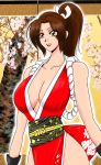  1girl breasts brown_hair fatal_fury female large_breasts plant ponytail shiranui_mai smile solo 