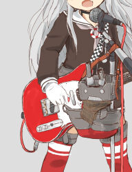  1girl amatsukaze_(kancolle) black_choker black_dress brown_scarf choker dress electric_guitar eyes_out_of_frame fang fender_telecaster gloves grey_background grey_hair grey_neckerchief guitar head_out_of_frame highres ice_(icegray) instrument kantai_collection long_hair long_sleeves microphone microphone_stand neckerchief open_mouth red_thighhighs rensouhou-kun sailor_collar sailor_dress scarf simple_background skin_fang thigh-highs white_gloves white_sailor_collar 