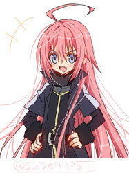  :d ahoge akatsuki_(ggsy7885) artist_name belt black_belt black_nails black_shirt blue_eyes borrowed_clothes coat commentary_request cropped_torso fang flat_chest fur_collar grey_coat hands_on_own_hips highres long_hair long_sleeves messy_hair milim_nava multicolored_coat open_clothes open_coat pink_hair rimuru_tempest shirt short_sleeves sidelocks simple_background smile tensei_shitara_slime_datta_ken twitter_username two-tone_coat v-shaped_eyebrows white_background white_coat 