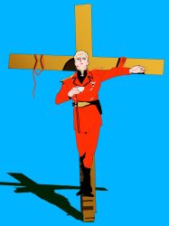  blonde_hair blue_background blue_eyes char's_counterattack char_aznable commentary_request crucifixion cup extended_arms gundam highres korean_commentary military_uniform red_rope red_suit rope suit teacup 
