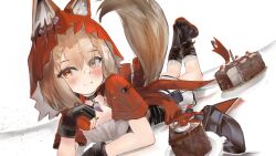  1girl absurdres animal_ears arknights arknights:_endfield boots cake commentary fingerless_gloves food fruit gloves highres hood looking_at_viewer lying on_stomach rossi_(arknights) smile solo stalwhat tail wolf_ears wolf_girl wolf_tail 