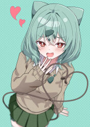  1girl absurdres aqua_hair blush bright_pupils brown_sweater commentary_request fang green_skirt gyaru gyaru_bulbasaur_(shin_no_tenpii) heart highres hosinonana kogal long_sleeves looking_at_viewer medium_hair miniskirt personification pleated_skirt pokemon pokemon_pokopia polka_dot polka_dot_background school_uniform skirt smile solo sweater white_pupils 
