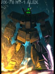  arm_armor armor armored_skirt artist_name bottoms1237 character_name colony_interior commentary_request embers energy_sword facing_viewer fire full_armor full_armor_alex full_body glowing glowing_eyes green_eyes gundam gundam_0080 gundam_alex highres holding holding_beam_saber holding_sword holding_weapon joints leg_armor mecha mecha_focus mobile_suit mobile_suit_gundam night no_humans no_pupils outdoors robot robot_joints science_fiction shoulder_armor signature space_habitat standing sword utility_pole weapon 