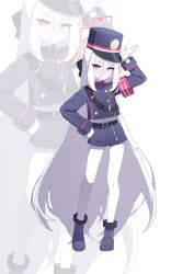  1girl 525_woiwo absurdres arm_up armband belt black_belt blue_archive buttons commentary_request cosplay double-breasted full_body gloves halo hat highres jacket kei_(blue_archive) kei_(new_body)_(blue_archive) long_hair looking_at_viewer nozomi_(blue_archive) nozomi_(blue_archive)_(cosplay) pantyhose peaked_cap pink_armband pink_eyes pink_halo purple_hat purple_jacket purple_shorts rectangular_halo ringed_eyes shorts standing train_conductor very_long_hair whistle white_gloves white_hair white_pantyhose zoom_layer 