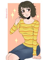 1girl artist_name dangerousbride dark_brown_hair female kawakami_sadayo megami_tensei multicolored_clothes multicolored_sweater persona persona_5 short_hair sitting sparkle sweater watermark