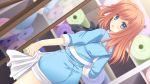  1girl ass blue_eyes bluette_nicolette_planquette blush dutch_angle eyebrows eyebrows_visible_through_hair game_cg highres holding indoors legs long_sleeves looking_back mirror nishimata_aoi orange_hair otome_riron_to_sonogo_no_shuuhen:_belle_&eacute;poque parted_lips short_hair shorts side_ponytail solo standing suzuhira_hiro thighs 