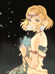  1girl anniversary black_background blonde_hair blue_flower braid chimney_(chimney0311) closed_mouth commentary crown_braid crying dress earrings english_commentary flower glowing_flower gradient_background green_eyes highres holding holding_flower jewelry looking_at_viewer pointy_ears princess_zelda short_hair smile solo streaming_tears tears the_legend_of_zelda the_legend_of_zelda:_tears_of_the_kingdom tiara upper_body 