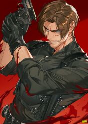  1boy absurdres artist_name beard_stubble black_gloves black_shirt blood blood_on_arm blood_on_clothes blue_eyes brown_hair clenched_teeth facial_hair finger_on_trigger furrowed_brow gloves gun handgun highres holding holding_gun holding_weapon leon_s._kennedy male_focus mature_male parted_bangs parted_lips red_background resident_evil resident_evil_requiem shirt short_hair sleeves_rolled_up snvvvo solo stubble sweat teeth upper_body weapon 