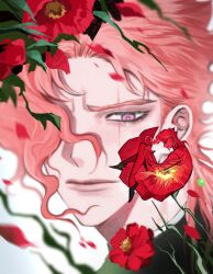  1boy asymmetrical_bangs blurry commentary_request depth_of_field earrings eyelashes flower gakuran highres jewelry jojo_no_kimyou_na_bouken kakyoin_noriaki long_bangs male_focus mini_person niaoxiongdi petals pink_eyes pink_hair red_flower red_hair scar scar_across_eye scar_on_face school_uniform solo stardust_crusaders 