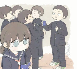  1girl 5boys book brown_hair commentary_request gakuran grey_serafuku highres holding holding_book low_twintails multiple_boys neckerchief original red_neckerchief ringed_eyes school_uniform serafuku shoes short_hair short_twintails sneakers standing twintails yabisara 