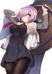 1girl adapted_costume alternate_costume armpits arms_up bangs breasts collared_shirt dress eyebrows_visible_through_hair fate/grand_order fate_(series) from_below glasses gluteal_fold hair_over_one_eye holding_shield hood hoodie large_breasts looking_at_viewer necktie pantyhose purple_hair shield shielder_(fate/grand_order) shirt short_hair simple_background sleeveless sleeveless_dress sleeveless_shirt smile solo violet_eyes white_background white_shirt yuu_(amadoki) 