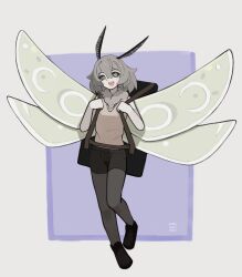  1girl absurdres antennae arthropod_girl backpack bag black_bag black_sclera black_shoes black_shorts brown_shirt colored_sclera colored_skin commentary commission english_commentary full_body grey_eyes grey_hair grey_pantyhose hair_between_eyes highres holding_strap insect_wings kart_prowler medium_hair moth_girl moth_wings open_mouth original pantyhose shirt shoes shorts sleeveless sleeveless_shirt smile solo teeth upper_teeth_only white_skin wings 
