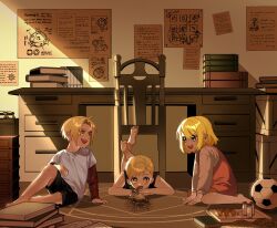  1girl 2boys absurdres ahoge alchemy alphonse_elric ball barefoot black_shorts black_tank_top blonde_hair blue_eyes book book_stack brothers child commentary_request desk dress edward_elric full_body fullmetal_alchemist hair_between_eyes highres indoors kneeling korean_commentary looking_at_another lying multiple_boys on_stomach open_mouth parted_bangs pink_dress red_shirt shirt shirt_under_dress shirt_under_shirt short_hair shorts siblings sitting smile soccer_ball t-shirt tank_top tosi_0604 white_shirt winry_rockbell yellow_eyes 
