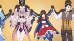  2boys 2girls absurdres animal_ears black_gloves black_hair blue_gloves blue_pantyhose bow brown_hair closed_eyes coattails cu_chulainn_(caster)_(fate) cu_chulainn_(fate) dress fate/grand_order fate/strange_fake fate_(series) formal_clothes fox_tail glasses gloves grey-framed_eyewear hair_bow hair_slicked_back highres holding_hands koyanskaya_(assassin)_(second_ascension)_(fate) koyanskaya_(fate) leonardo_da_vinci_(fate) leonardo_da_vinci_(rider)_(fate) leonardo_da_vinci_(rider)_(first_ascension)_(fate) long_hair long_sleeves multiple_boys multiple_girls niwaikanai pantyhose parted_bangs pink_hair puff_and_slash_sleeves puffy_short_sleeves puffy_sleeves rabbit_ears sherlock_holmes_(fate) sherlock_holmes_(first_ascension)_(fate) short_hair short_sleeves skirt smile tail tailcoat twintails vest waistcoat white_pantyhose 