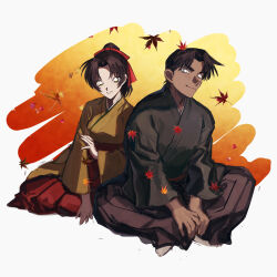  1girl absurdres brown_hair butterfly_sitting commentary_request full_body hakama hattori_heiji highres japanese_clothes leaf long_sleeves looking_at_viewer maple_leaf meitantei_conan ponytail red_ribbon ribbon sitting smile tan tkc_(tkoshinchan) tooyama_kazuha wide_sleeves yokozuwari 