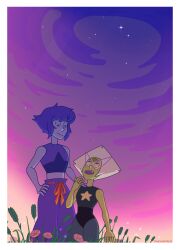  2girls artist_name blue_hair blue_skin border closed_mouth colored_skin commentary drawstring english_commentary face_shield flower gem gem_(steven_universe) green_gem green_skin hand_on_another's_shoulder hand_on_own_hip hand_up highres lapis_lazuli_(steven_universe) leotard looking_at_another looking_up multiple_girls official_style open_mouth outdoors peridot_(steven_universe) short_hair sky smile star_(symbol) steven_universe teeth tied_drawstring timehuntress triangle-shaped_hair upper_teeth_only white_border 