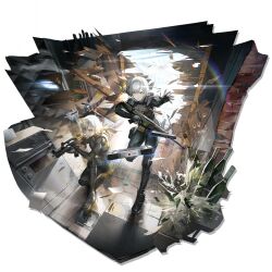  2girls arknights artist_request assault_rifle boots crossover fingerless_gloves full_body gloves gun h&amp;k_g36 highres iana_(rainbow_six_siege) knee_pads multiple_girls official_art rainbow_six_siege rifle science_fiction short_hair solo tachi-e tactical_clothes third-party_source transparent_background trigger_discipline weapon white_hair yellow_eyes 