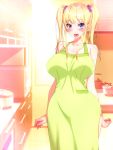  1girl apron bare_legs bare_shoulders blonde_hair blue_eyes blush breasts collarbone eyebrows eyebrows_visible_through_hair happy highres huge_breasts indoors kitchen legs long_hair looking_at_viewer nabesekizaiten naked_apron open_mouth original shiny shiny_hair smile solo standing sunlight thighs twintails window 