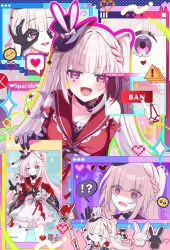  1girl @_@ bare_shoulders black_gloves black_hat braid breasts character_name closed_eyes clothing_cutout commentary diamond_(shape) diamond_facial_mark emoji english_text facial_mark fang frilled_sleeves frills gloves hat hat_ornament heart heart_facial_mark highres honkai:_star_rail honkai_(series) long_hair long_sleeves looking_at_viewer lying mini_hat mini_top_hat multicolored_hair multiple_views on_stomach one_eye_closed open_mouth outline pink_hair rabbit_hat_ornament ranran_3939 red_hair red_sailor_collar red_shirt sailor_collar shirt shoulder_cutout signature single_glove skirt sparkle sparkle_(honkai:_star_rail) sparxie_(honkai:_star_rail) streaked_hair top_hat twintails two-tone_hair white_hair white_skirt wide_sleeves 