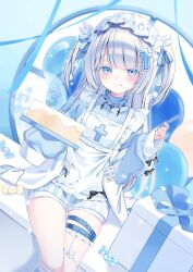  1girl absurdres apron balloon birthday blue_eyes blue_sweater blue_theme blush box cake candy closed_mouth colored_eyelashes commission food fork frilled_apron frilled_hairband frilled_thigh_strap frills gift gift_box hairband highres holding holding_fork holding_tray jewelry licking_lips lolita_hairband long_hair long_sleeves necklace original short_shorts shorts sitting smile solo sweater tenshi_kaiwai terano_naa thigh_strap tongue tongue_out tray turtleneck turtleneck_sweater two_side_up white_apron white_hair white_hairband white_shorts 