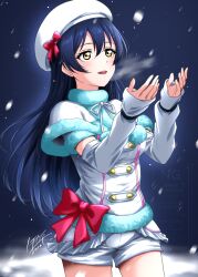  arm_warmers beret blue_hair bow breasts capelet commentary_request cowboy_shot fur-trimmed_capelet fur_trim hat hat_bow highres jacket long_hair love_live! love_live!_school_idol_project noochan_chonoda official_alternate_costume open_mouth pink_bow shirt signature snow snow_halation snowing sonoda_umi standing watermark white_capelet white_hat white_jacket white_shirt yellow_eyes 