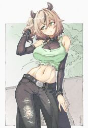  1girl alternate_costume animal_ears black_collar black_pants bracelet breasts brown_hair collar cowboy_shot crop_top denim detached_sleeves english_commentary green_eyes green_tank_top hair_between_eyes head_tilt highres igalimax indie_virtual_youtuber jeans jewelry large_breasts looking_to_the_side medium_hair midriff_peek navel nimi_nightmare pants signature solo studded_bracelet tank_top tapir_ears tapir_girl torn_clothes torn_jeans torn_pants virtual_youtuber 