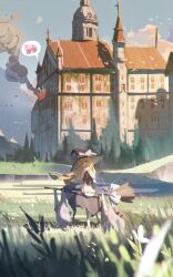  2girls absurdres anger_vein angry apron black_hat black_skirt black_vest blonde_hair blue_sky book bow braid chinese_commentary clouds commentary_request crescent crescent_hat_ornament day fire grass hat hat_bow hat_ornament highres kirisame_marisa long_hair mob_cap multiple_girls open_mouth outdoors patchouli_knowledge purple_hair red_eyes sack scarlet_devil_mansion side_braid single_braid skirt sky smoke solo_focus t0nys touhou vest waist_apron white_apron white_bow witch_hat 