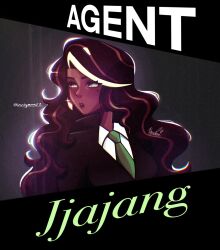  1girl agent_jjajang_cookie brown_hair cookie_run cookie_run:_ovenbreak crustymoon curly_hair dark-skinned_female dark_skin green_eyes highres long_hair mole mole_under_eye solo suit watermark 